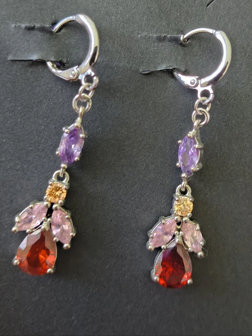 Stunning Silver Plated Mulit Color Gemstone Dangle Earrings. Estate Find